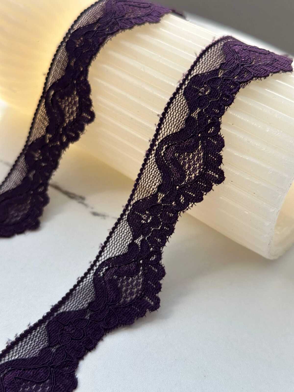 10Yds Stretch 1" Dark Plum Purple Scalloped Floral Stretch Lace Trim Bulk