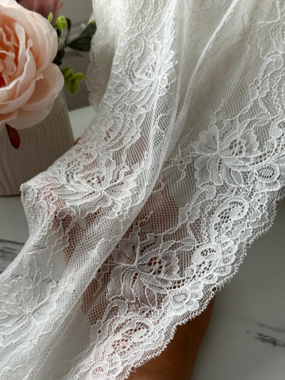 3Yds Soft Stretch 8" French White Floral Scalloped Wide Stretch Lace Wholesale