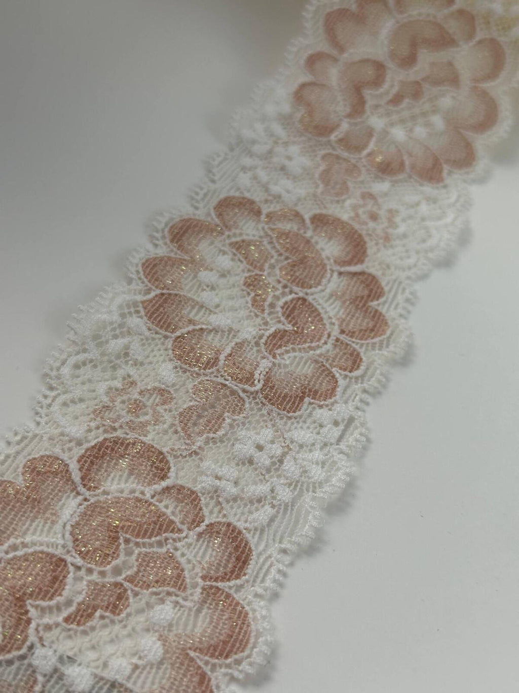 6Yds Stretch 2" Dusty Rose Gold Shimmer Floral Scalloped Stretch Lace Wholesale