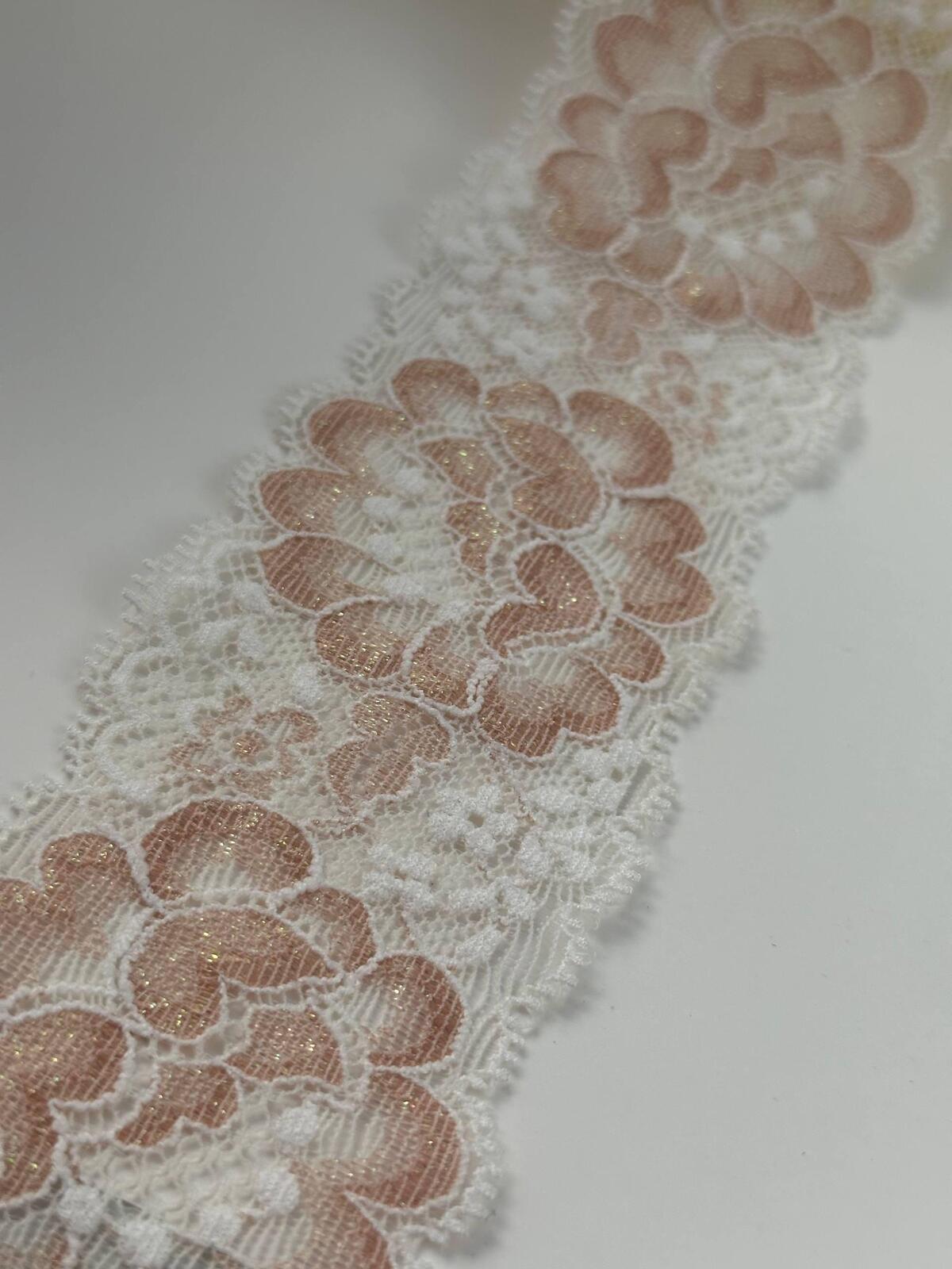 6Yds Stretch 2" Dusty Rose Gold Shimmer Floral Scalloped Stretch Lace Wholesale