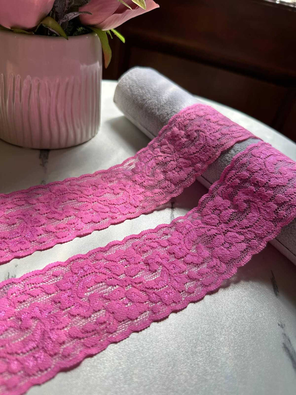 10yds Rose Orchid Pink Floral Stretch Elastic Lace Trim by the Yard, Wide Scalloped Galloon Ribbon for Lingerie Bridal Sewing Crafts, 2"