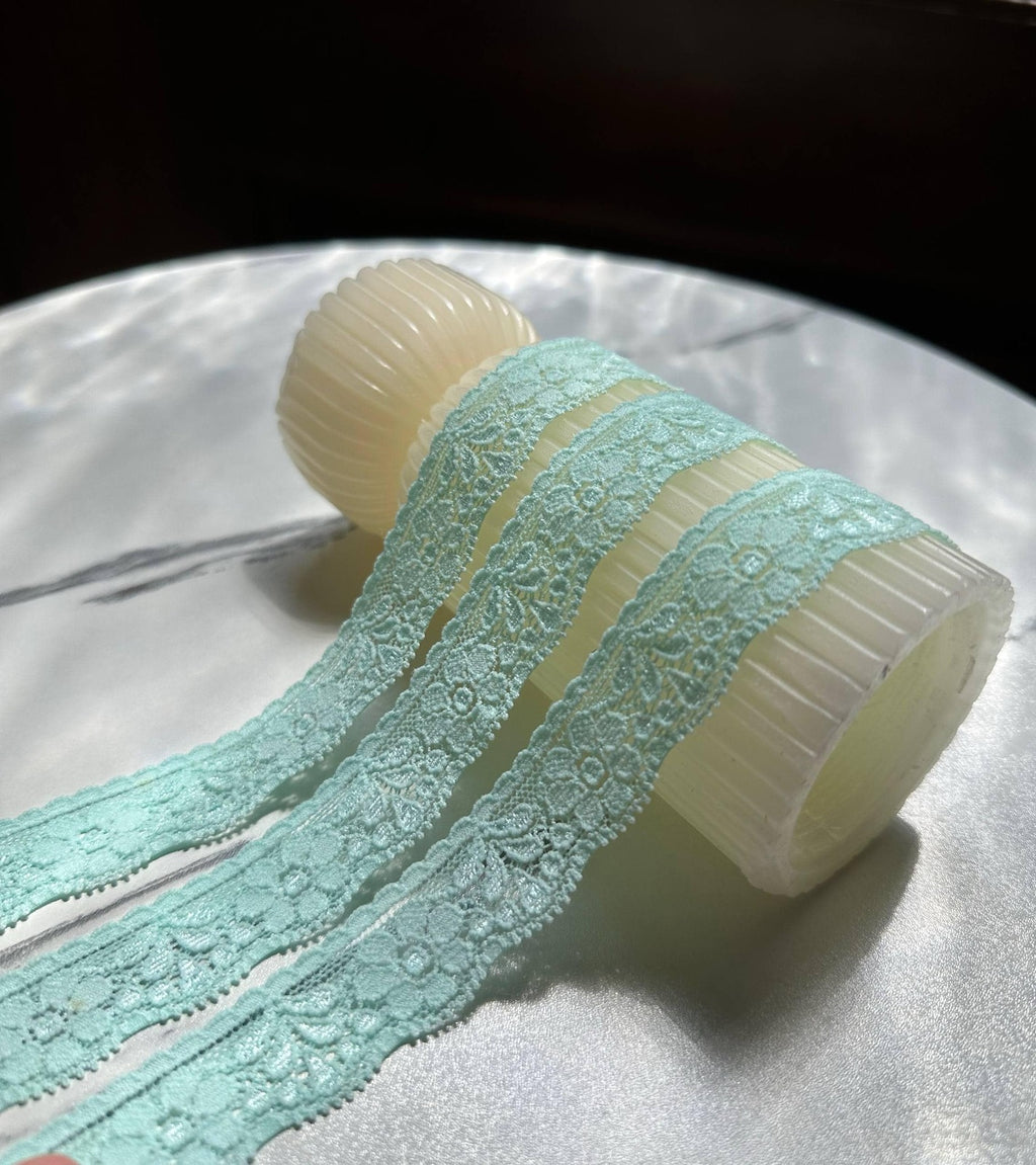 10yds Mint Green Pastel Aqua Floral Stretch Elastic Lace Trim Symmetrical Double Scalloped Narrow Ribbon for Lingerie Craft Sewing, 0.85"