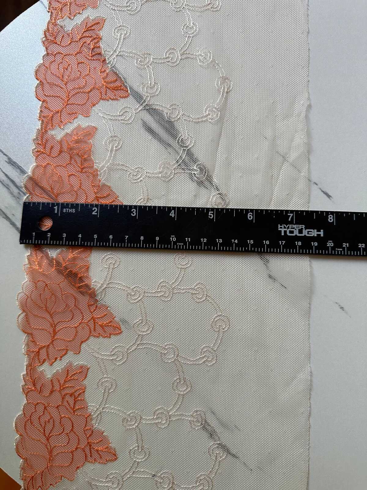 7.25" Coral Orange Lace Trim Wide Embroidered Soft Tulle Mesh Scalloped Edge Rose Ribbon for Matching Skirt Lingerie Garment Sewing