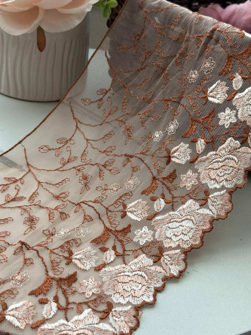 3Yds Non-Stretch 6.3" Autumn Terracotta Rust Floral Embroidered Mesh Lace Trim