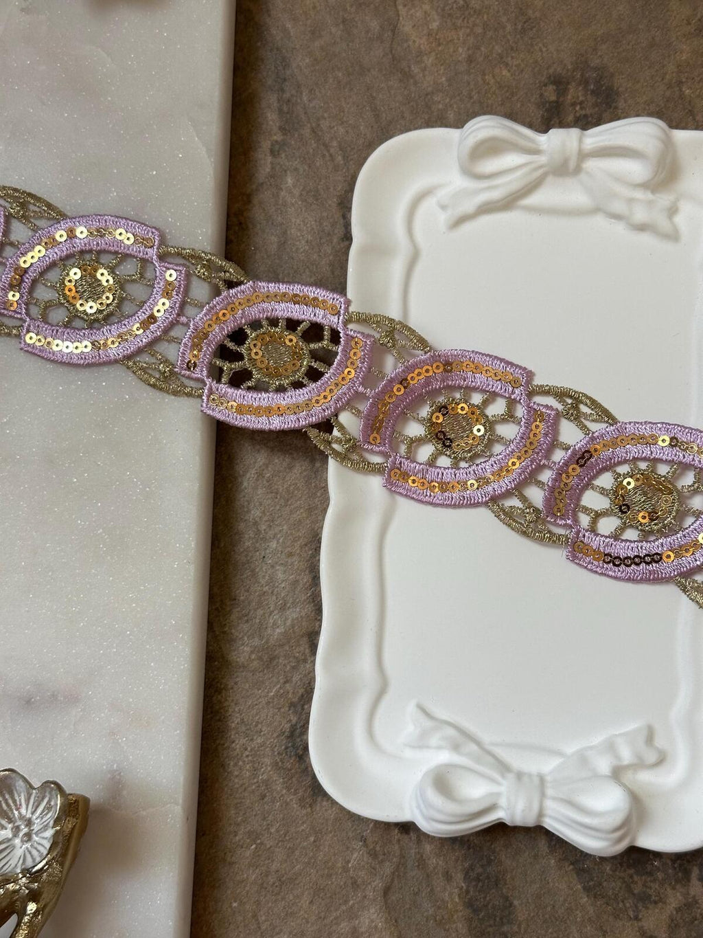 Lavender Gold Sequin Guipure Water Soluble Lace Trim Metallic Ribbon, Coquette Craft Supply, 1.5", Retail Wholesale Bulk
