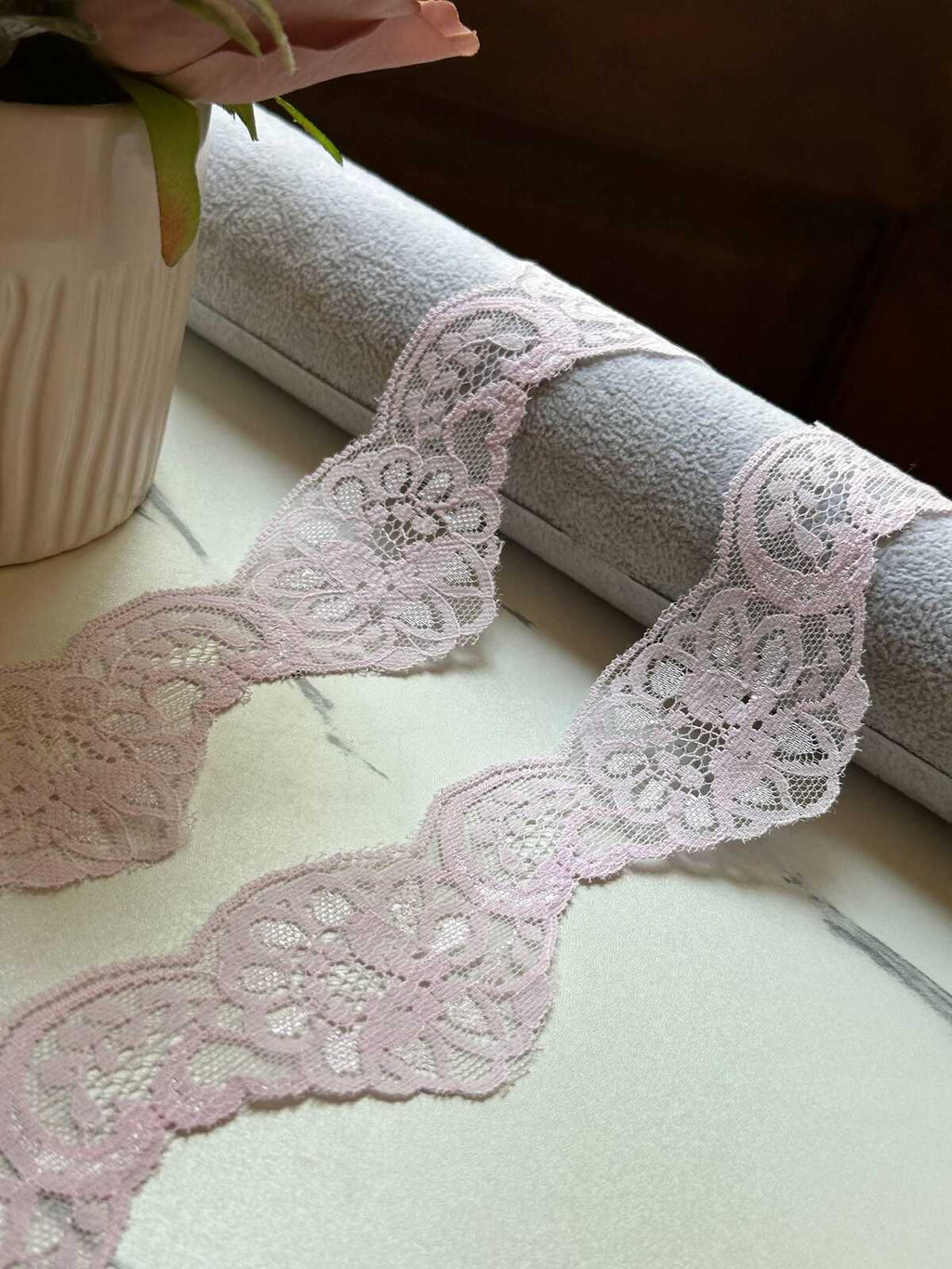 10yds Dusty Mauve Pink Floral Scalloped Non Stretch Lace Trim by the Yard, Wavy Edge Galloon Ribbon for Apparel Crafts, 1.85"  Wholesale