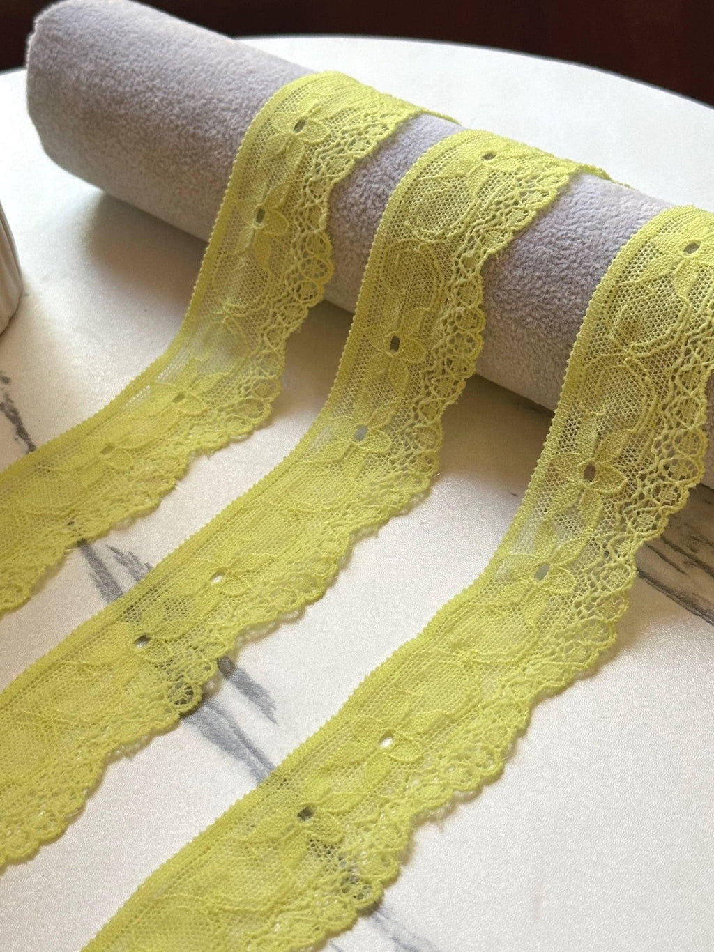 10yds Soft Greenish Lemon Yellow Floral Stretch Lace Trim by the Yard, Ultra Soft Elastic Ribbon for Coquette Crafts, 1.35" Retail Wholesale