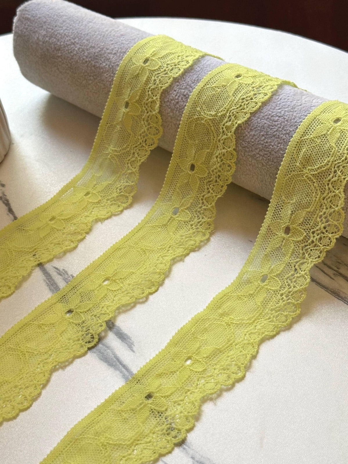 10yds Soft Greenish Lemon Yellow Floral Stretch Lace Trim by the Yard, Ultra Soft Elastic Ribbon for Coquette Crafts, 1.35" Retail Wholesale