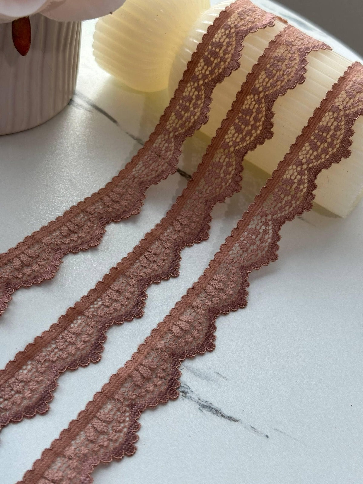 10Yds Stretch 0.8" Two Tone Brown Terracotta Scalloped Stretch Lace Trim