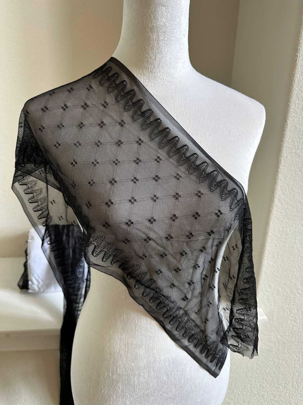 Black Geometric Point d'Esprit Mesh Lace Trim by the Yard, Wide Straight Edge Sheer Tulle Ribbon for Veil Bridal Lingerie, 8"