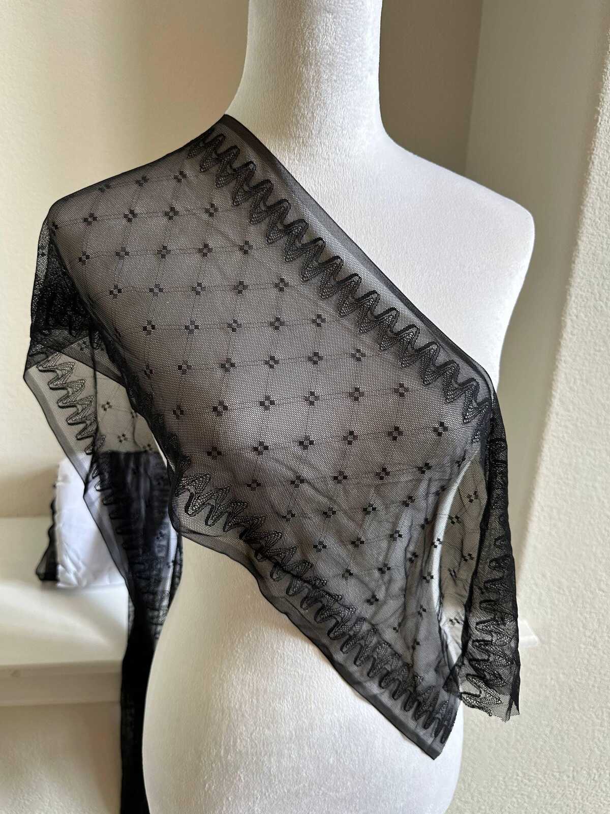 Black Geometric Point d'Esprit Mesh Lace Trim by the Yard, Wide Straight Edge Sheer Tulle Ribbon for Veil Bridal Lingerie, 8"