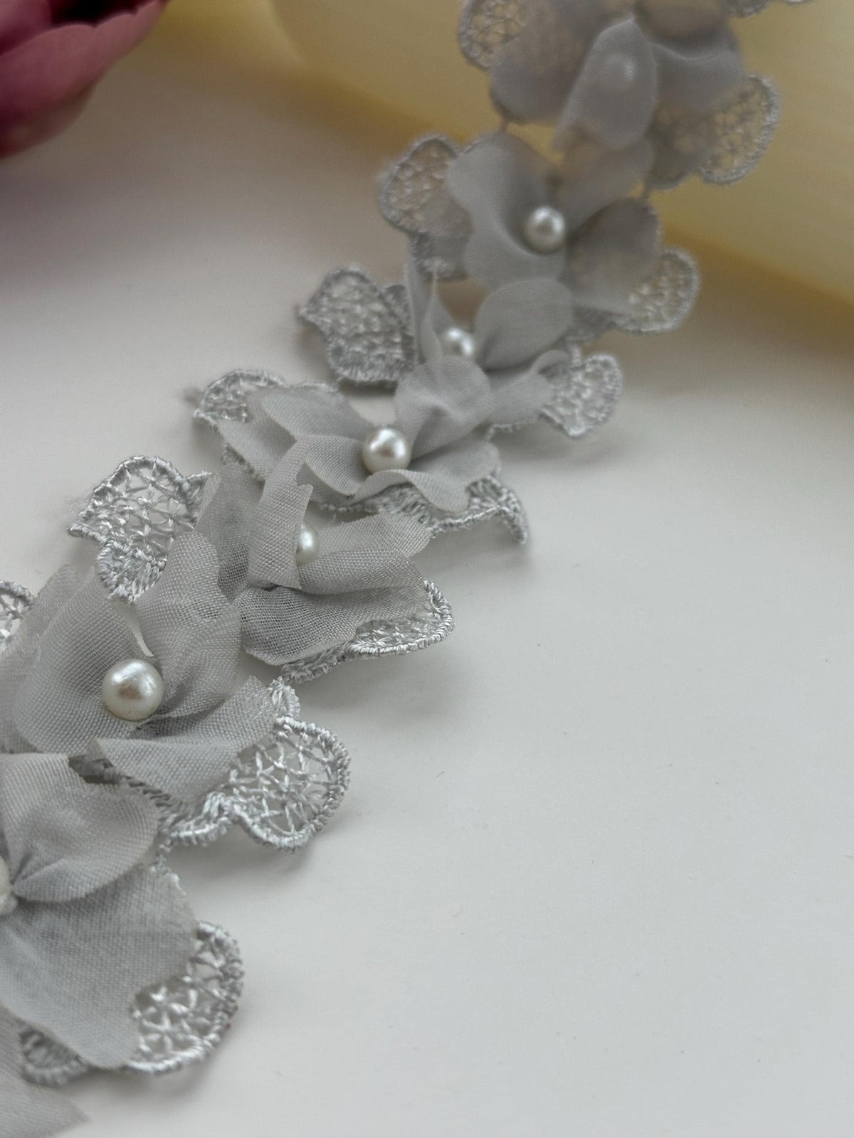 2Yds Non-Stretch 1.8" Grey 3D Chiffon Flower Beaded Pearl Lace Trim Wholesale