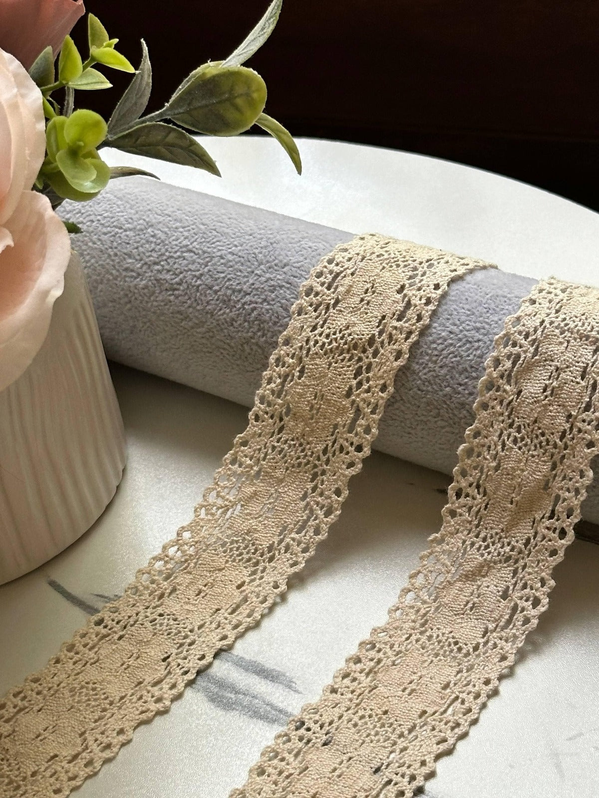 Soft Natural Beige Beige Cotton Crochet Geometric Lace Trim by the Yard, Scalloped Cotton Ribbon for Crafts, 1.35", Retail Wholesale Bulk