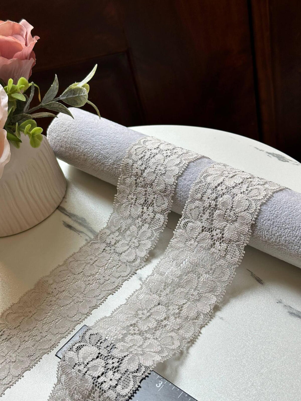 Taupe Grey Floral Stretch Lace Trim by Yard, Elastic Ribbon, Soft Skin Friendly Coquette Craft Supply, 2.15", Retail Wholesale Bulk