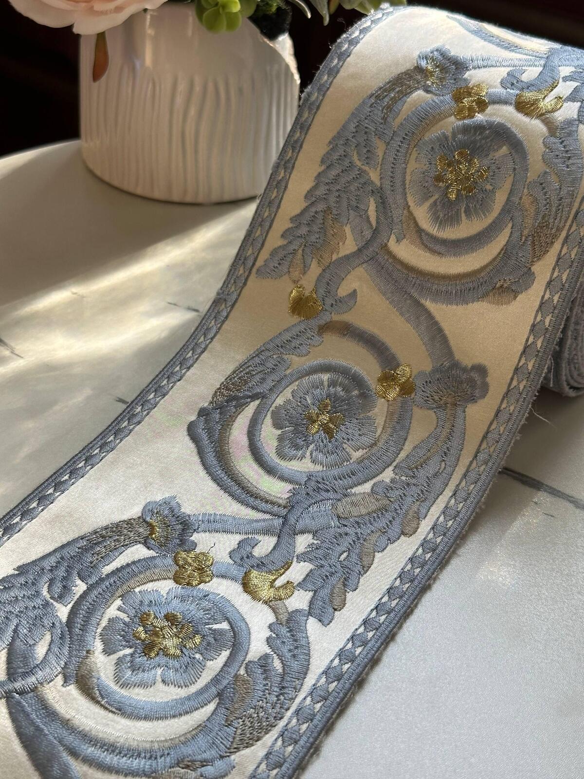 Light Blue Floral Jacquard Ribbon, 4.5" Heavy Trim, Bulk Clearance Coquette Y2K Lace, Dress Border, DIY Sewing, Retail Wholesale