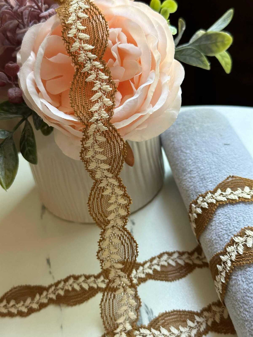 10yds Soft Mustard Gold Leaf Embroidery Stretch Lace Trim by the Yard, Narrow Elastic Ribbon for Coquette Crafts, 1", Retail Wholesale Bulk