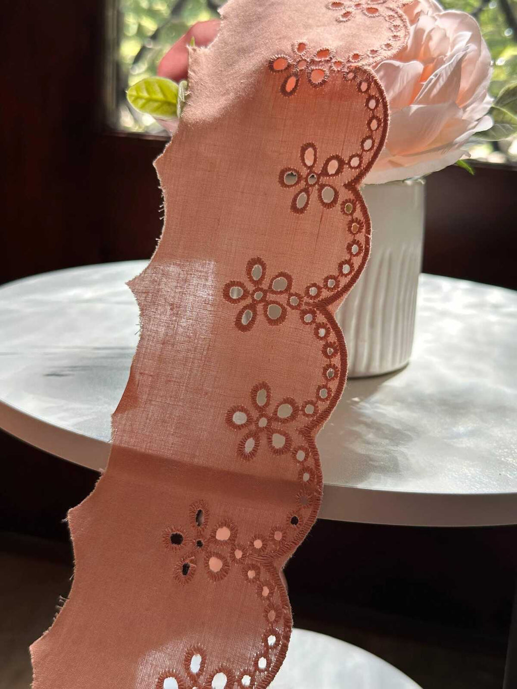 Dusty Peach Coral Eyelet Cotton Lace Trim Symmetrical Double Scalloped Embroidered Ribbon for Gowns Blouses Crafts Sewing, 2.75"