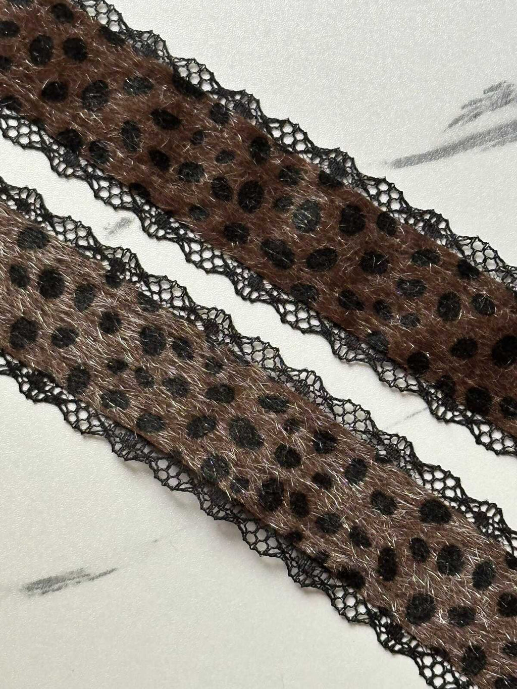 Leopard Print Mohair Faux Fur Black Lace Trim Symmetrical Scalloped Eyelash Ribbon for Y2K Grunge Lingerie Crafts Sewing, 1.25"