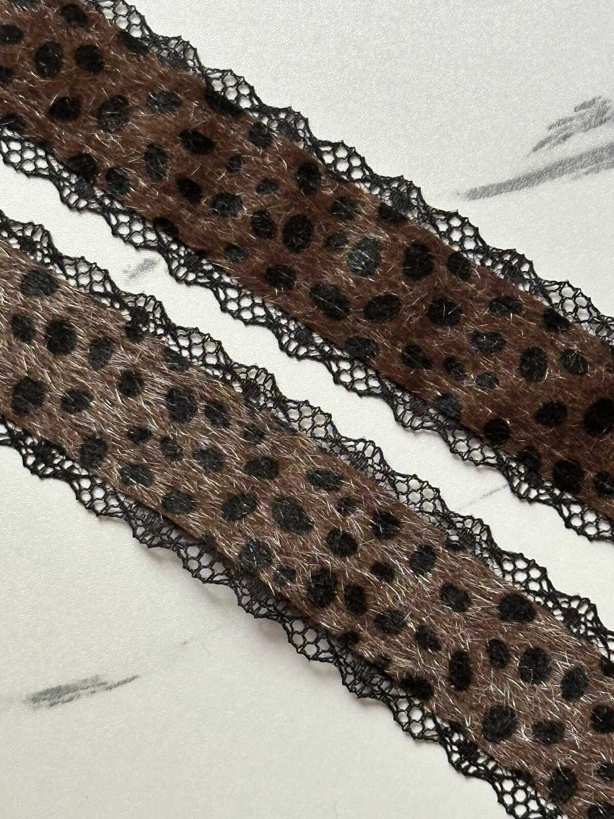 Leopard Print Mohair Faux Fur Black Lace Trim Symmetrical Scalloped Eyelash Ribbon for Y2K Grunge Lingerie Crafts Sewing, 1.25"