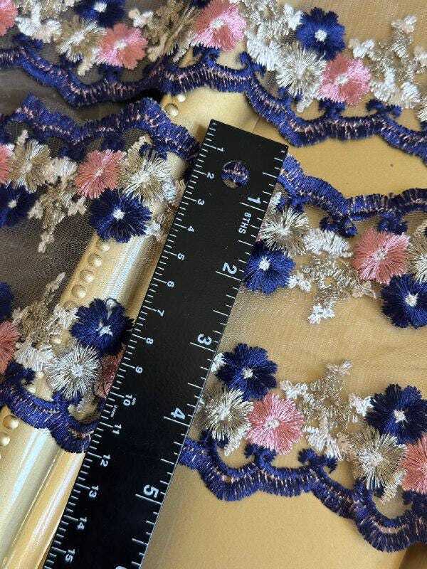 4.5" Navy & Pink Floral Embroidered Organza Lace Trim by the Yard, Heavy Craft Scalloped Double Edged Lace for Lolita Dress, Victorian Craft