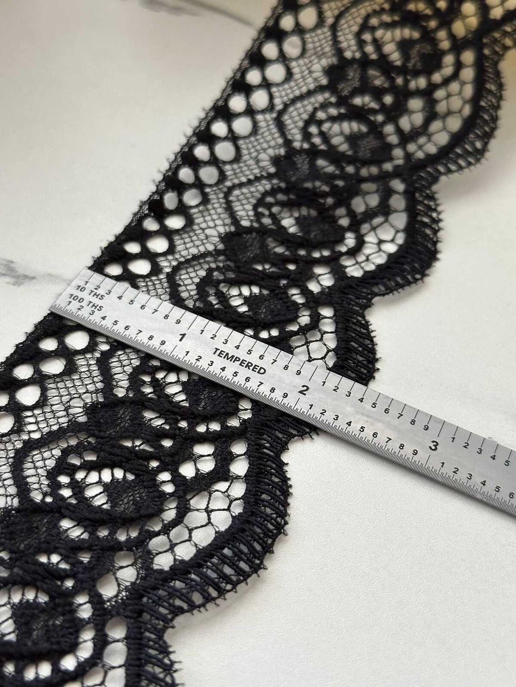 5Yds Non-Stretch 2.4" Black Embossed Floral Scalloped Mesh Lace Trim Wholesale