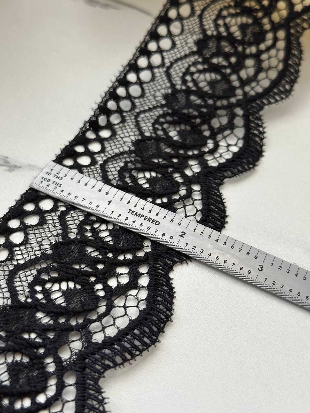5Yds Non-Stretch 2.4" Black Embossed Floral Scalloped Mesh Lace Trim Wholesale