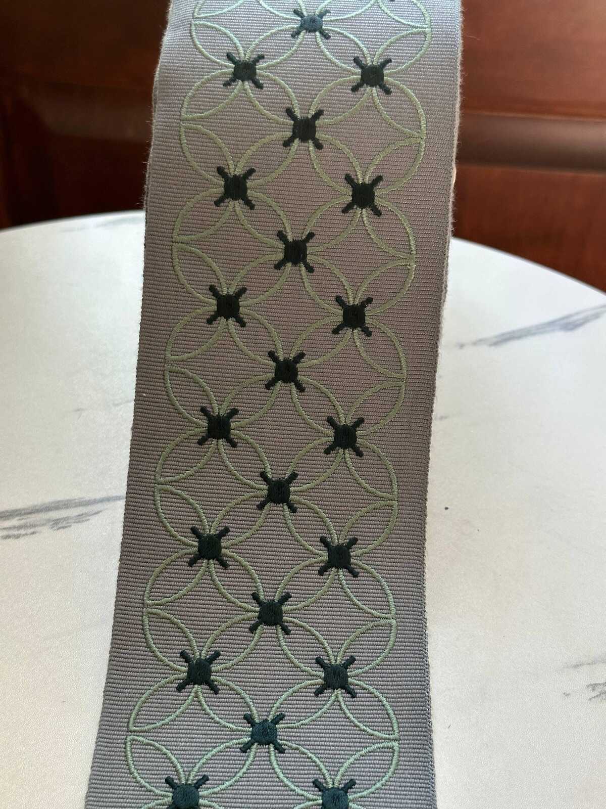 Sage Green Grey Geometric Flower Embroidered Grosgrain Canvas Webbing Ribbon Trim by the Yard, Wide Jacquard Border, 3.1"