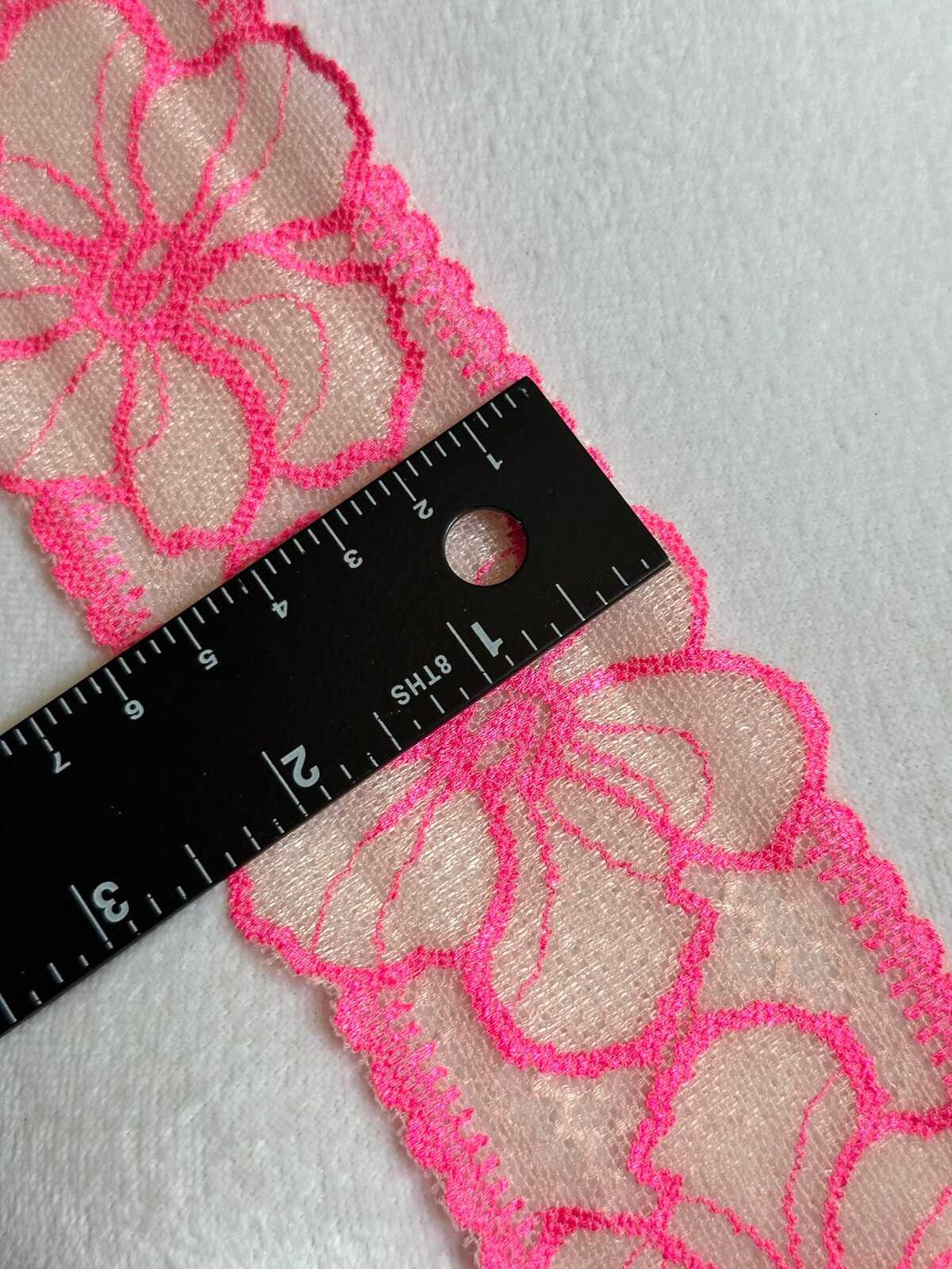 10 yds Neon Pink Floral Lace Trim 2.25 Inch Wide Slightly Stretch Elastic Ribbon by the Yard for Lingerie Doll Making Sewing Crafting