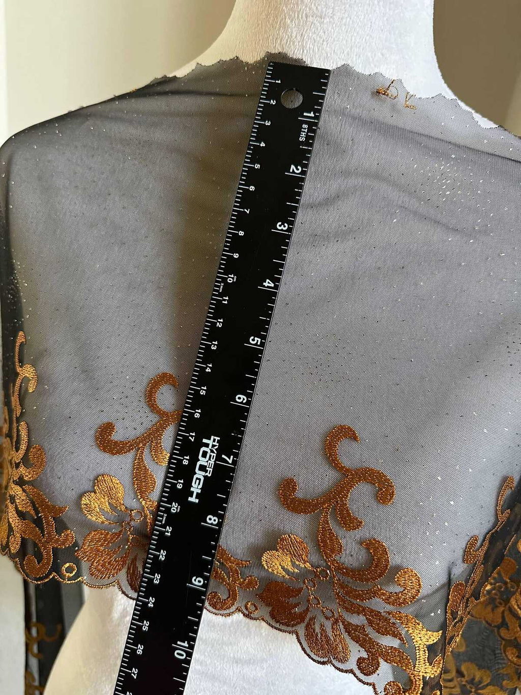 Glitter Gold Soft Mesh Embroidered Trim, Heavy Scalloped Floral Lace Fabric, 4 Inch Embroidery Border for Lolita Dress Ruffle, By The Yard