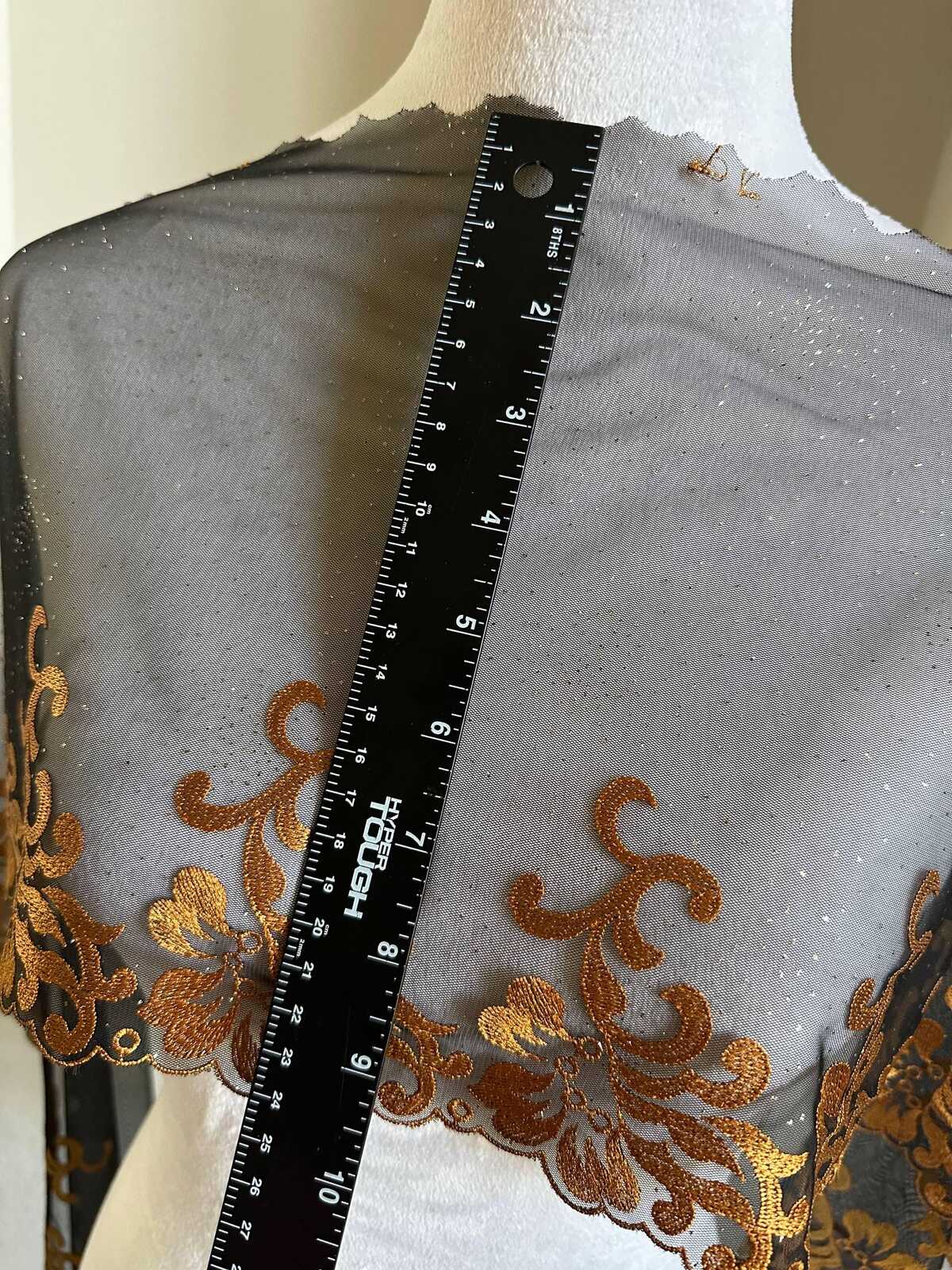 Glitter Gold Soft Mesh Embroidered Trim, Heavy Scalloped Floral Lace Fabric, 4 Inch Embroidery Border for Lolita Dress Ruffle, By The Yard