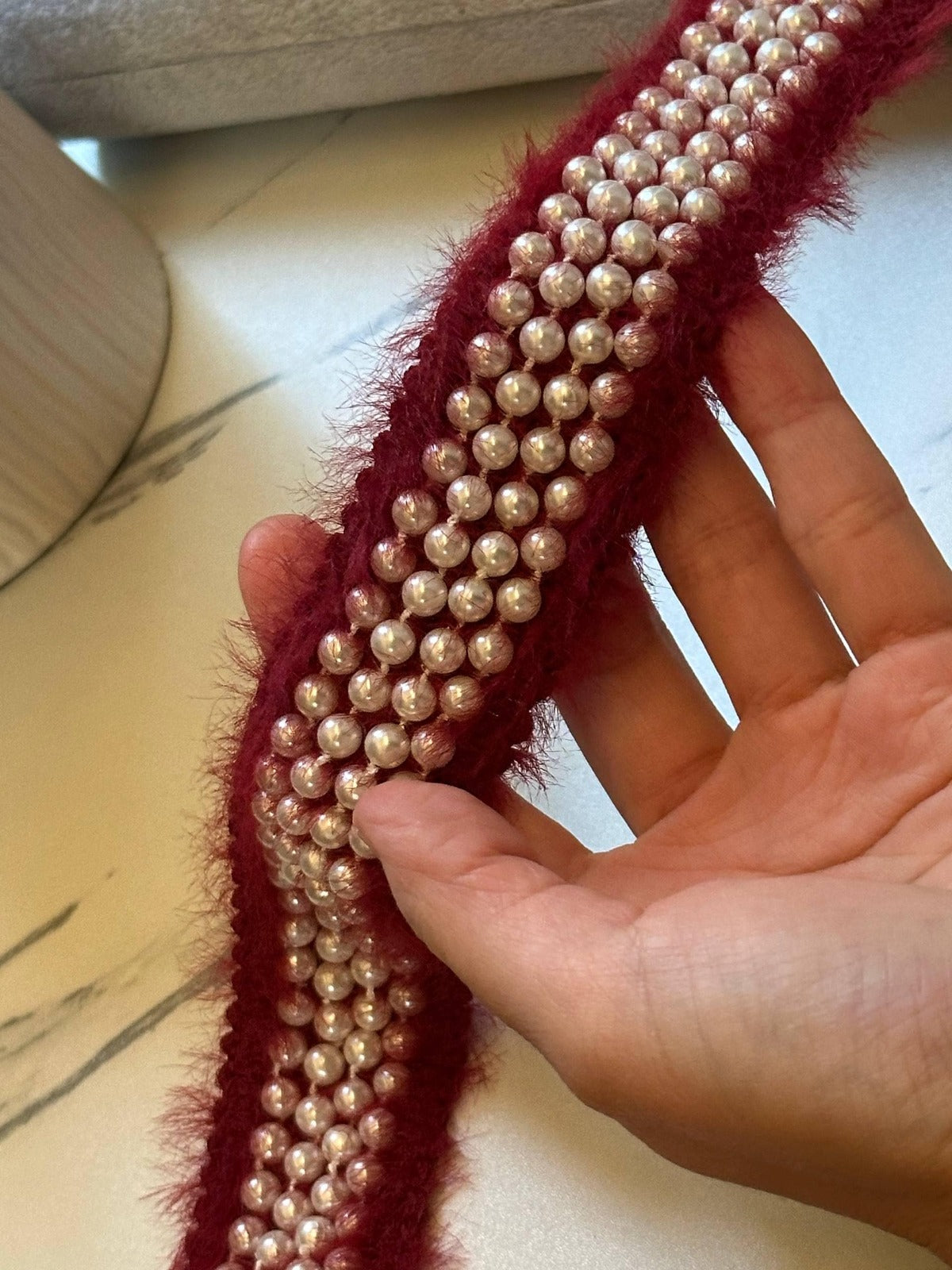 Burgundy Pearl Beaded Tweed Trim by Yard, 1.35" Fuzzy Mohair Ribbon, Chanel Style Border, Coquette Craft Supply, DIY Sewing,Retail Wholesale
