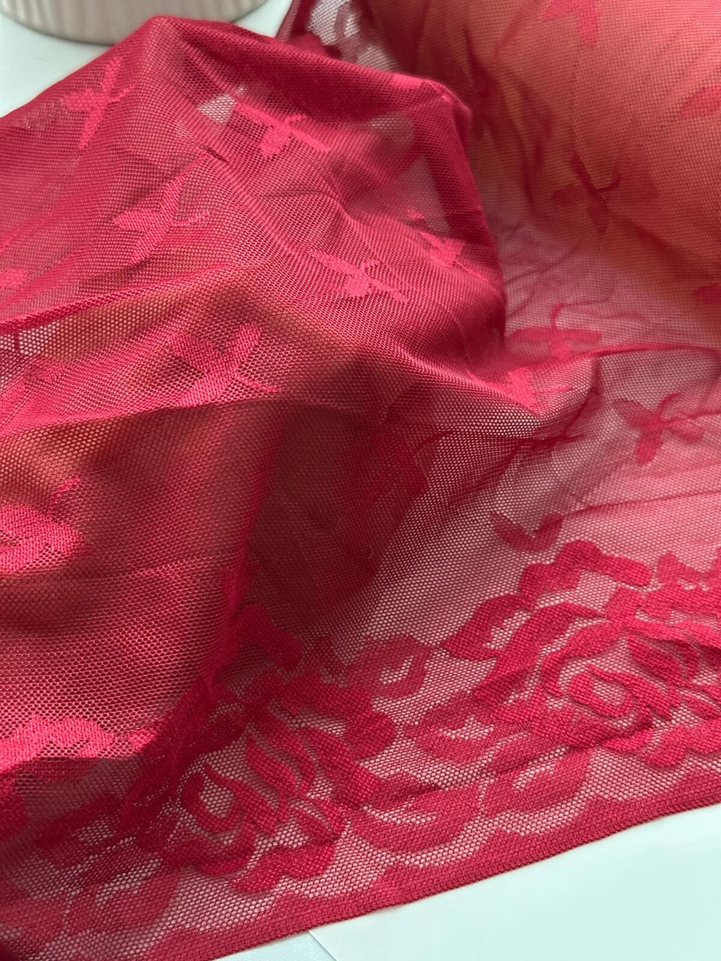 2Yds Stretch 11.6" Crimson Red Floral Cross Mesh Elastic Lace Trim Wholesale