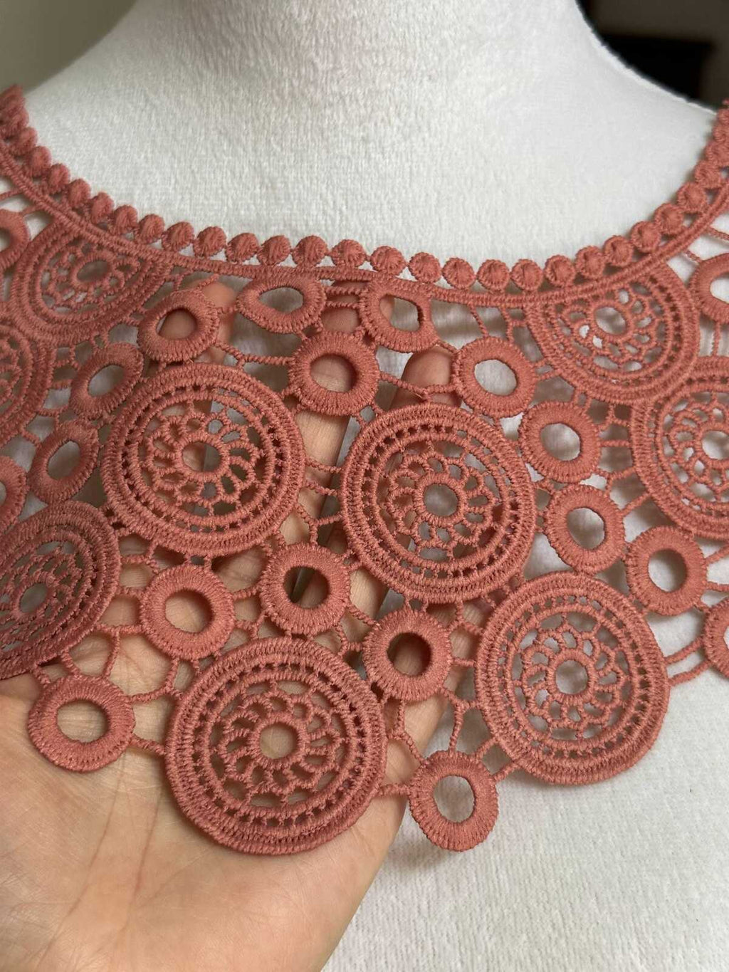 Cinnamon Spice Terracotta Rose Guipure Water Soluble Lace Collar Applique Geometric Circle Embroidered Neckline Detachable Collar 12"x5.5"