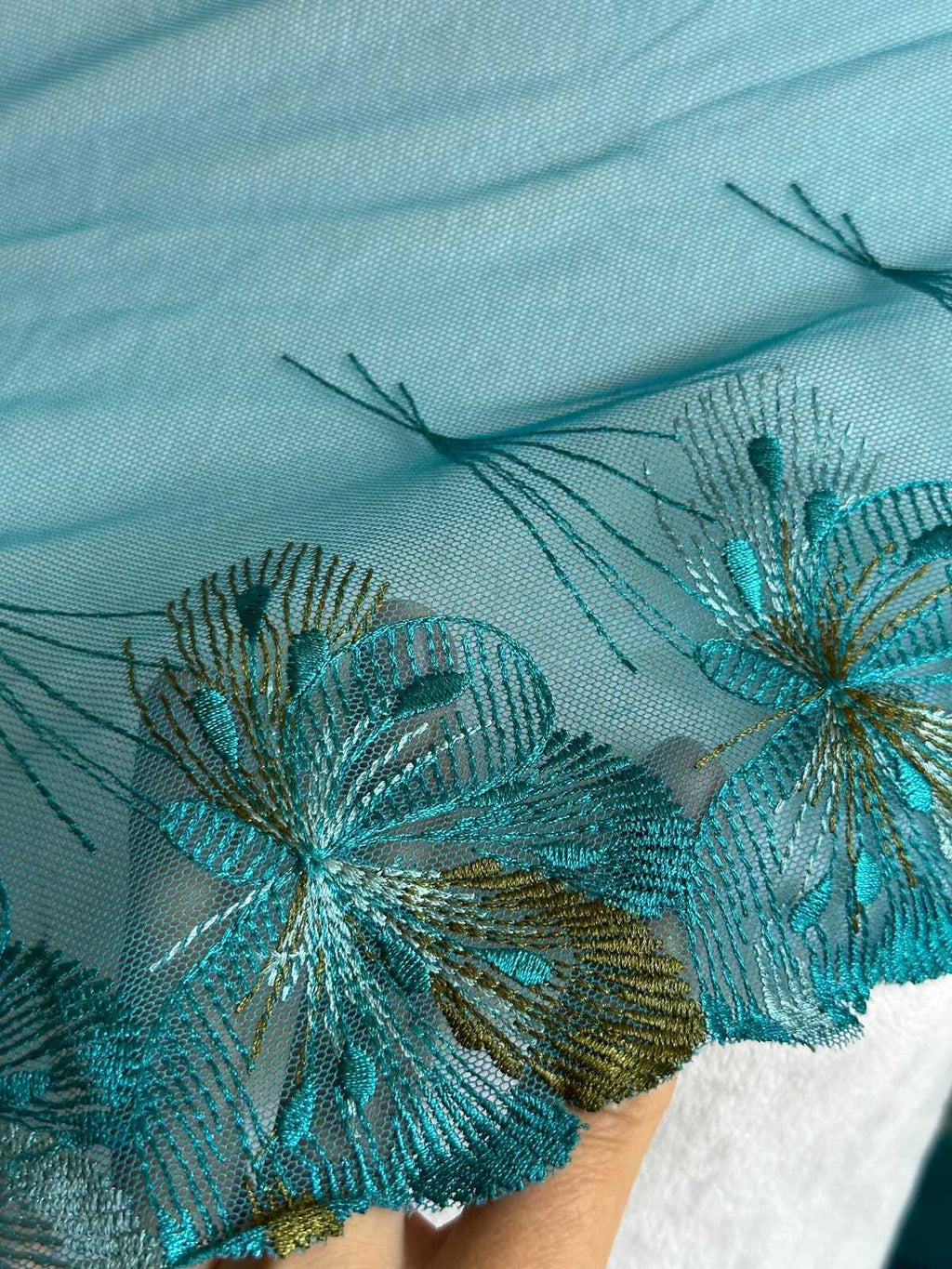 Peacock Blue Soft Mesh Embroidered Lace Trim by the Yard, Wide Scalloped Floral Tulle Ribbon for Bridal Gowns Lingerie, 8.5"