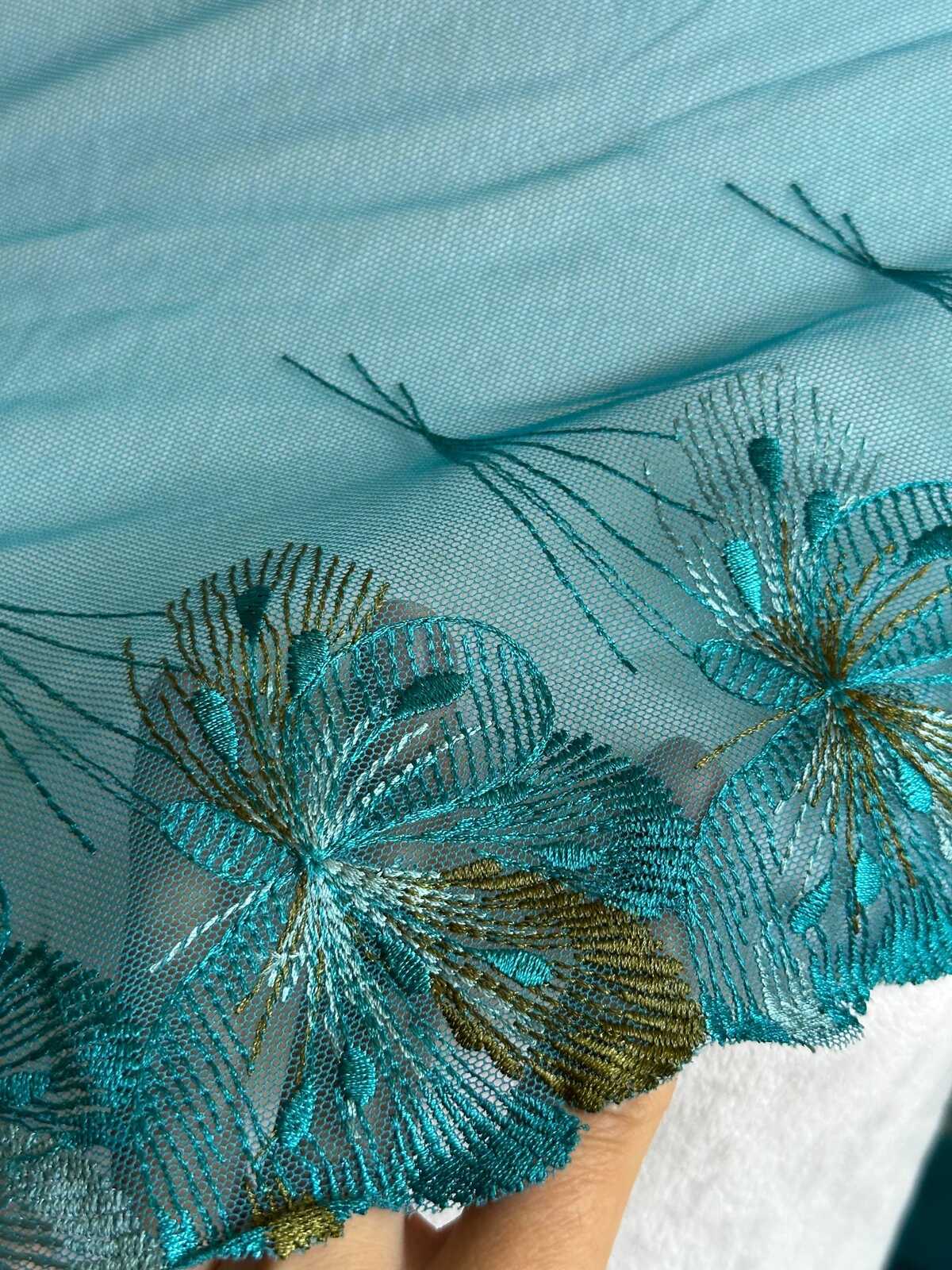 Peacock Blue Soft Mesh Embroidered Lace Trim by the Yard, Wide Scalloped Floral Tulle Ribbon for Bridal Gowns Lingerie, 8.5"