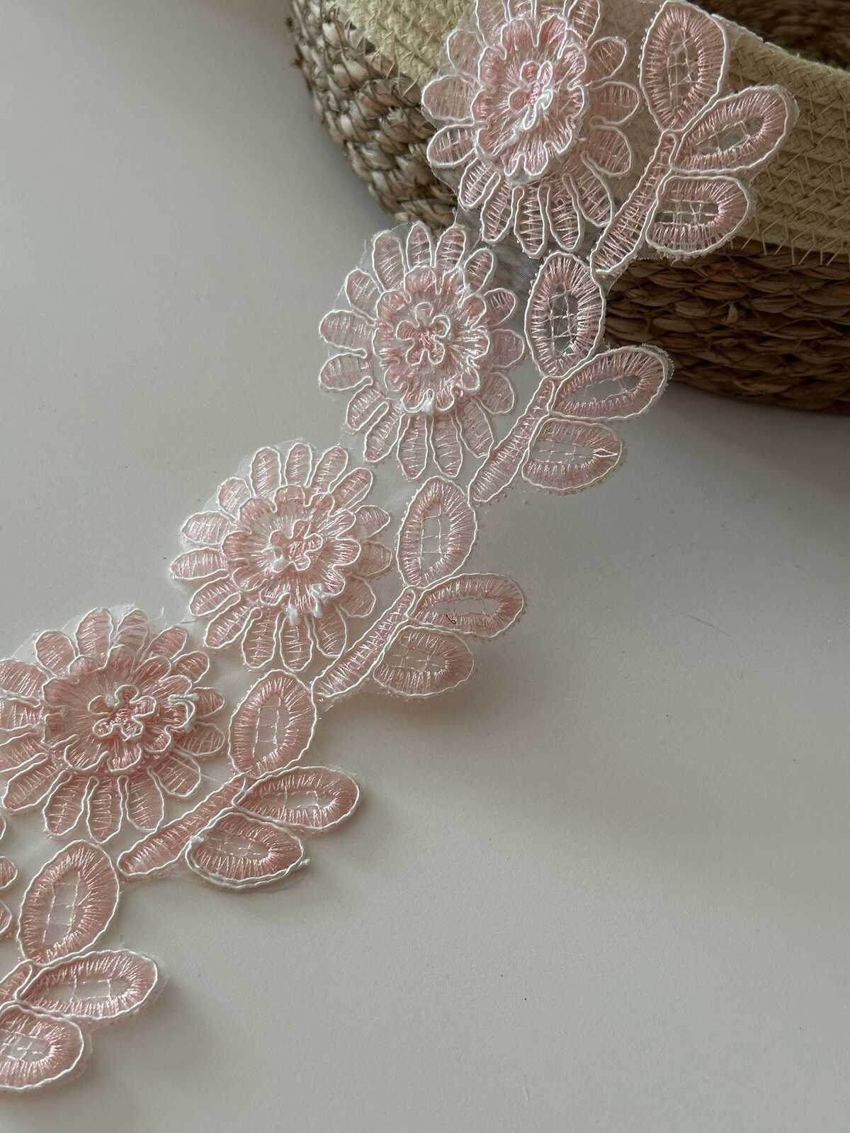 1Yard Pink Corded Floral Lace Trim, 2.5" 3D Embroidered Ribbon, Bulk Clearance Coquette Y2K Lace, Garment Trim, DIY Sewing, Retail Wholesale