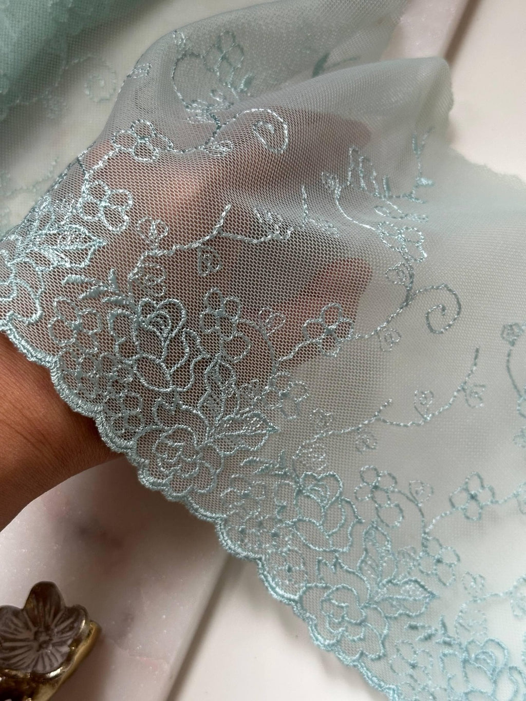 Mint Green Embroidered Tulle Lace Trim, Ultra Soft Sheer Mesh Ribbon, Coquette Craft Supply, 7", Retail Wholesale Bulk