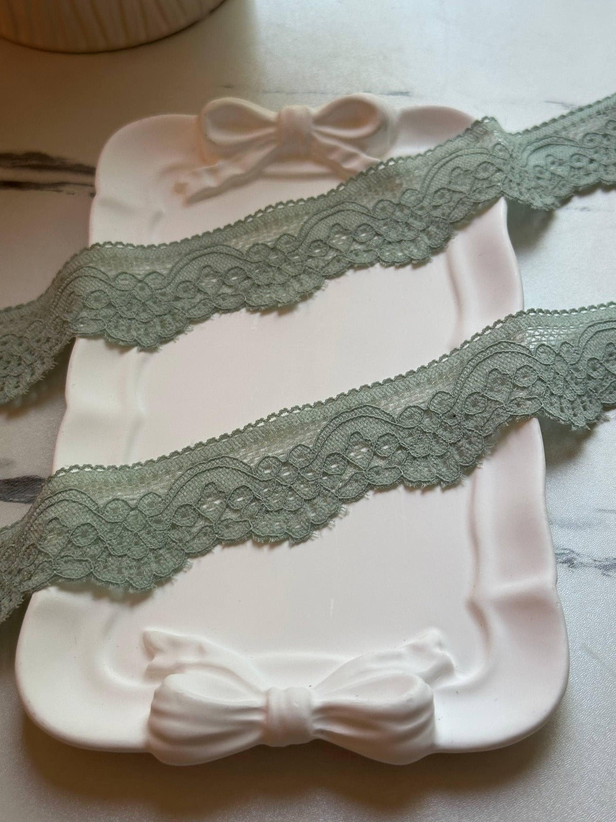 10yds Muted Sage Green Floral Stretch Lace Trim by the Yard, Narrow Scalloped Elastic Ribbon for Coquette Lingerie Crafts, 1.3"