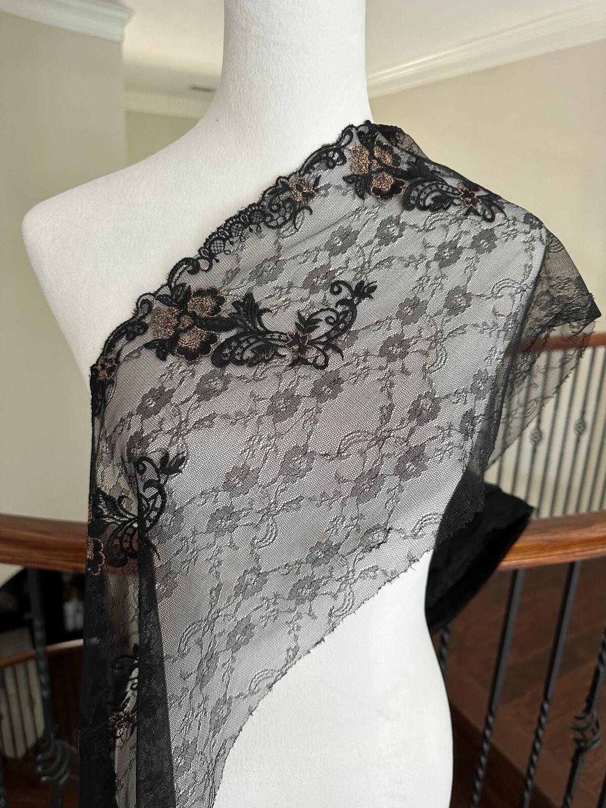 1Yd Non-Stretch 10" Black Floral Chantilly Embroidered Lace Trim, Wholesale