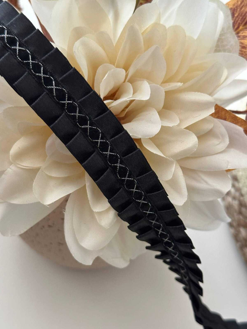 5Yds Black Box Pleated Satin Lace, 0.95" Silver Stitch Ribbon, Bulk Clearance Coquette Y2K Lace, Garment Trim, DIY Sewing, Retail Wholesale
