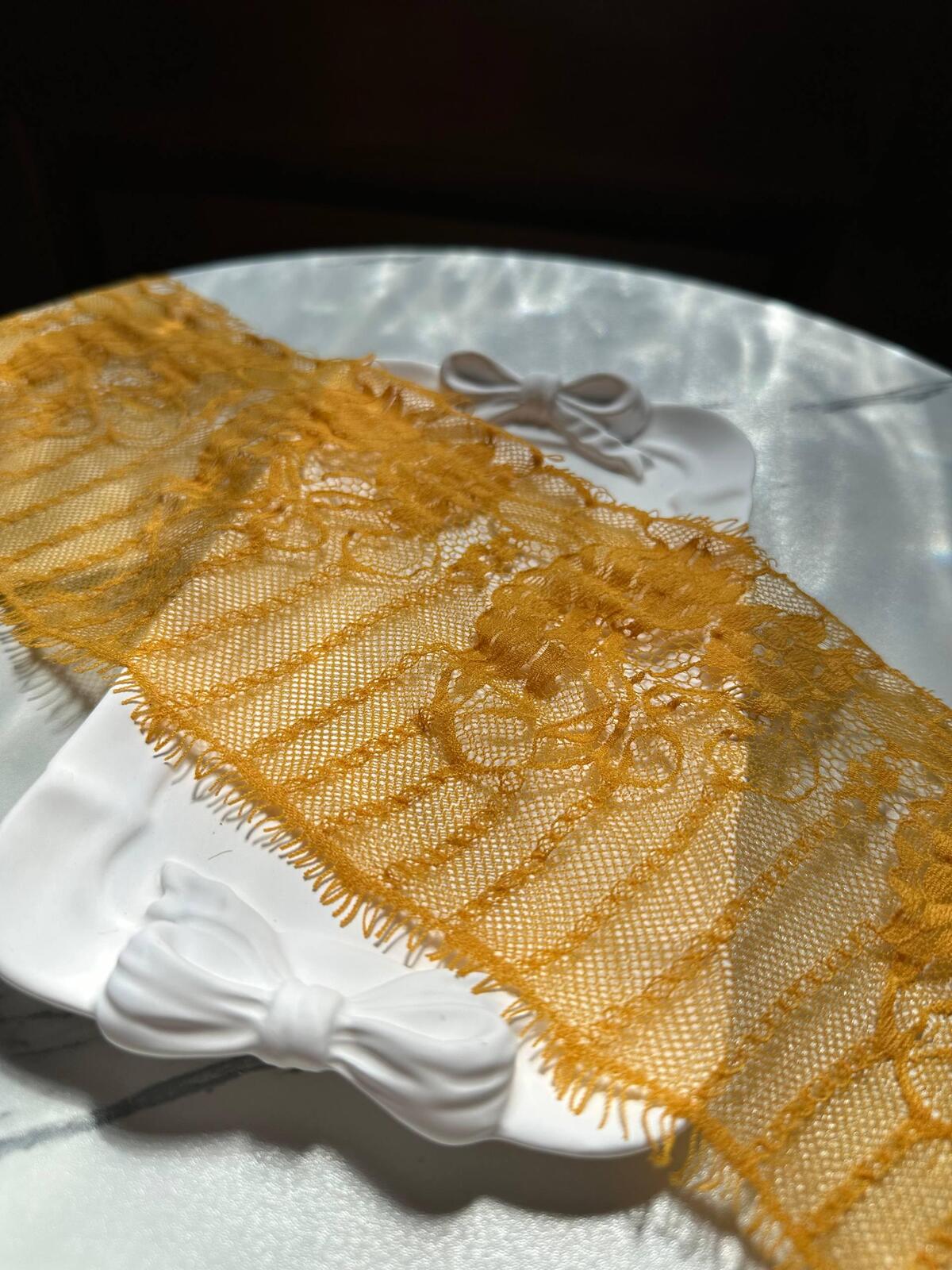 Mustard Yellow Chantilly Eyewinker Eyelash Lace Trim 3.3 Yards Piece, Floral Striped Sheer Galloon Border for Lingerie Bridal, 4.5"