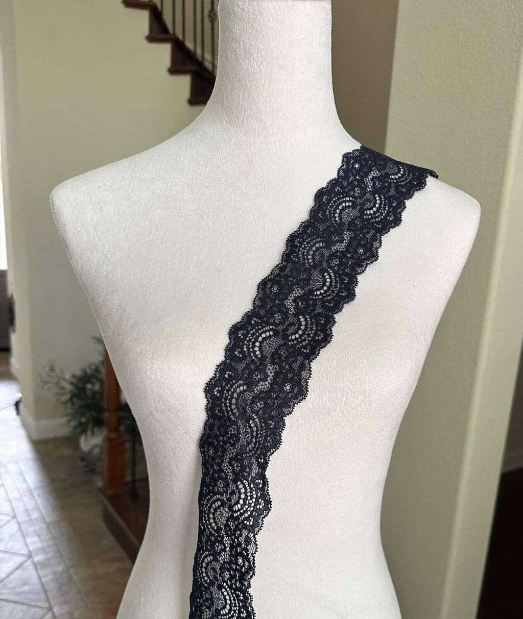 Deep Navy Blue Floral Stretch Elastic Lace Trim Symmetrical Double Scalloped Wide Galloon Ribbon for Lingerie Underwear Crafts, 2.35"