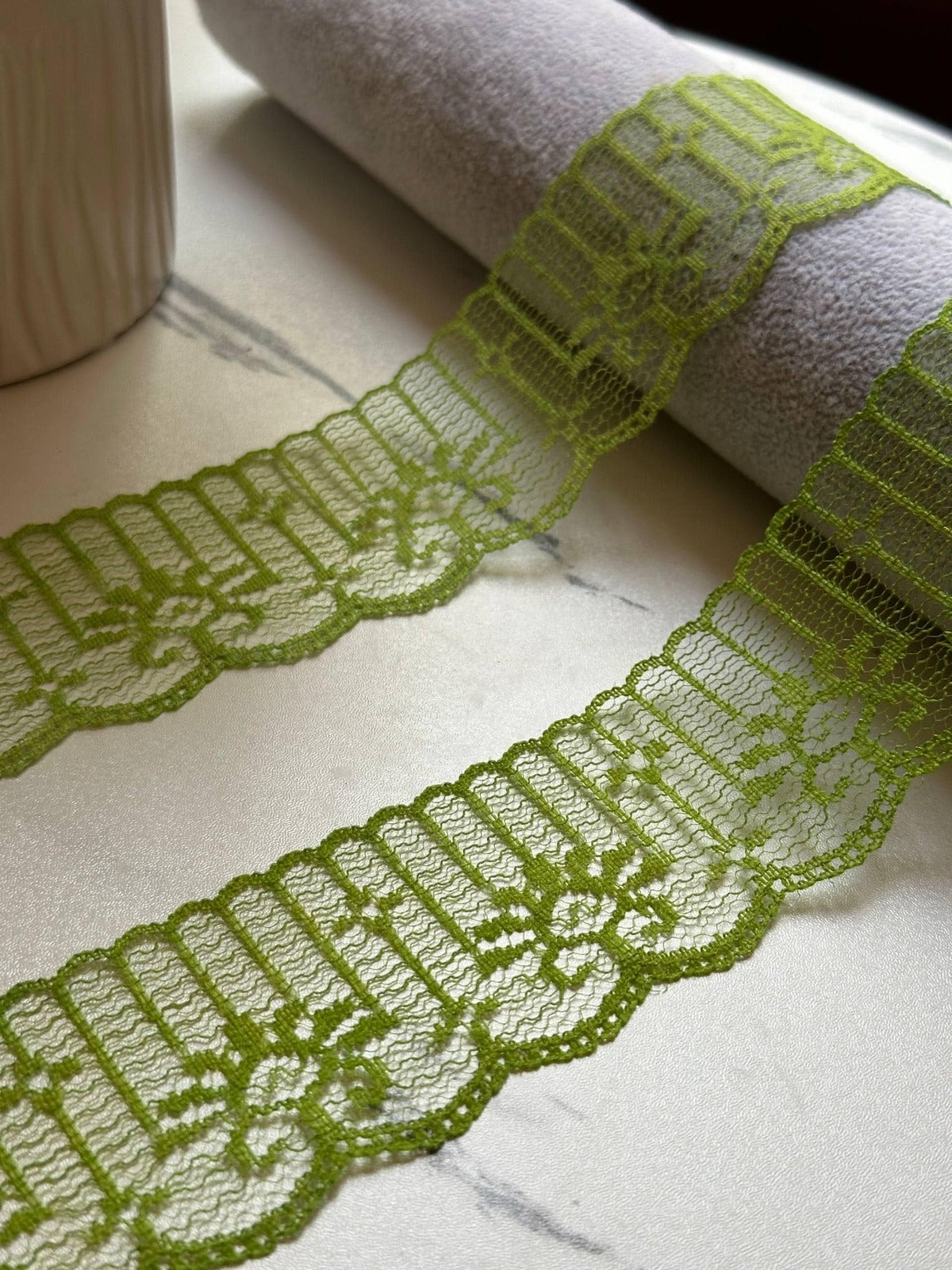 10yds Olive Matcha Green Floral Non Stretch Rigid Lace Trim by the Yard, Structured Scalloped Ribbon for Hair Bows Crafts, 1.85"