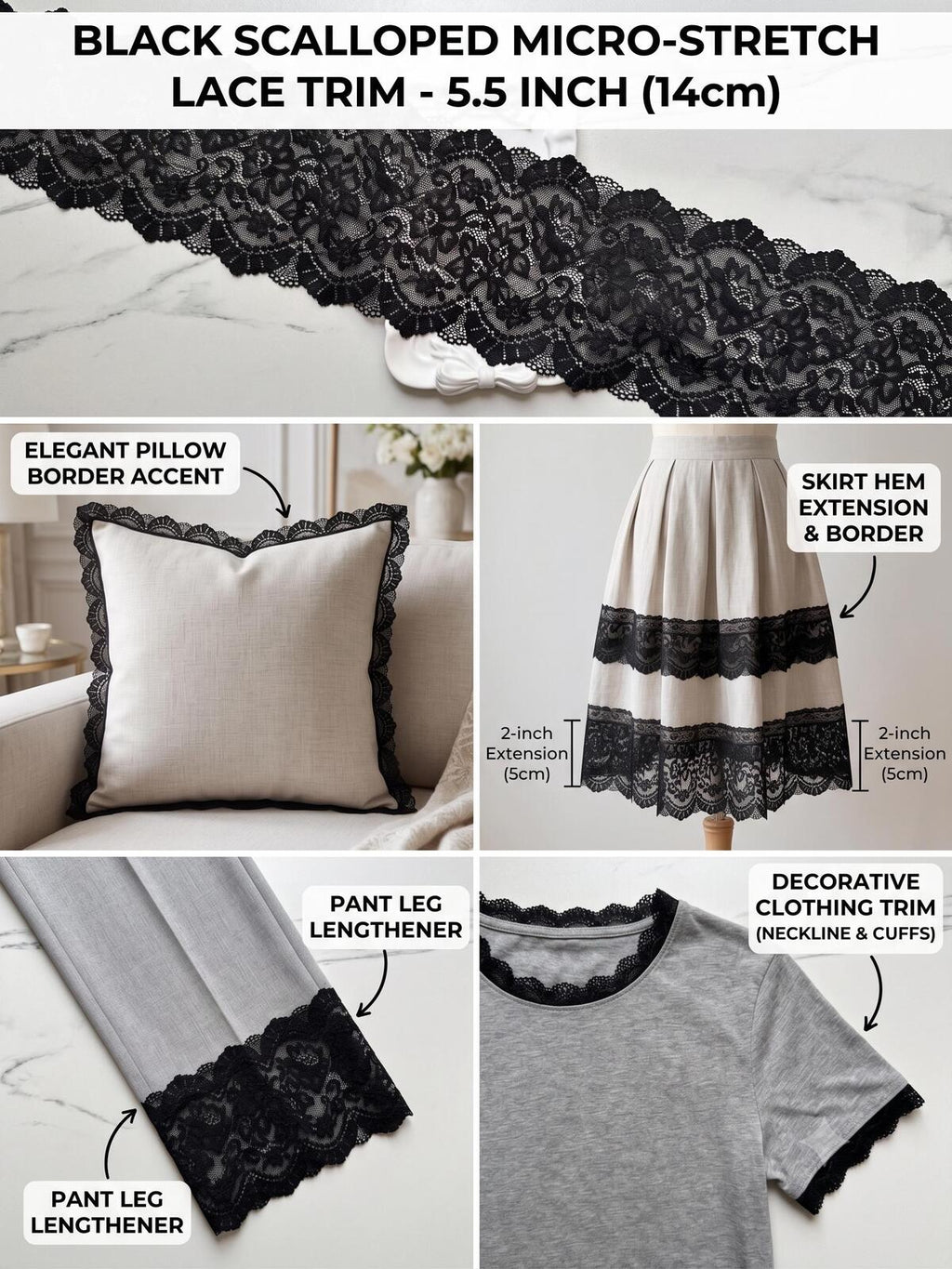 Classic Onyx Black Cordonnet Corded Slight Stretch Lace Trim Symmetrical Double Scalloped Extra Wide Galloon  for Corsets Gowns Crafts, 5.5"