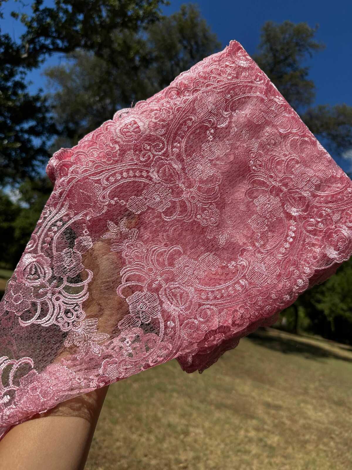 1Yd Non-Stretch 9" Rose Pink Mesh Floral Lace Trim, Coquette Vintage DIY Sewing