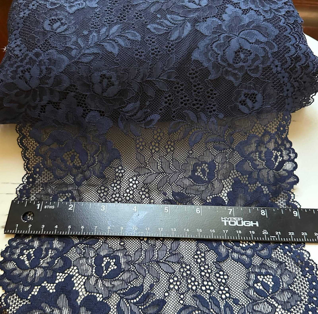 Navy Blue Floral Stretch Lace Trim by the Yard, Extra Wide Scalloped Elastic Ribbon for Lingerie Apparel, 9"