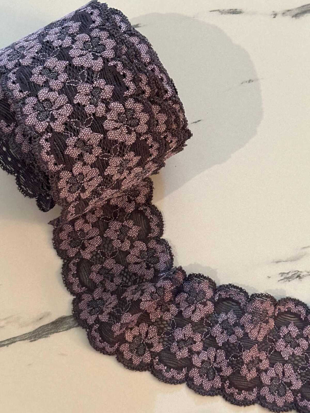 Two Tone Charcoal Black & Dusty Mauve Floral Stretch Elastic Lace Trim Symmetrical Double Scalloped Galloon Ribbon for Lingerie Crafts 2.25"