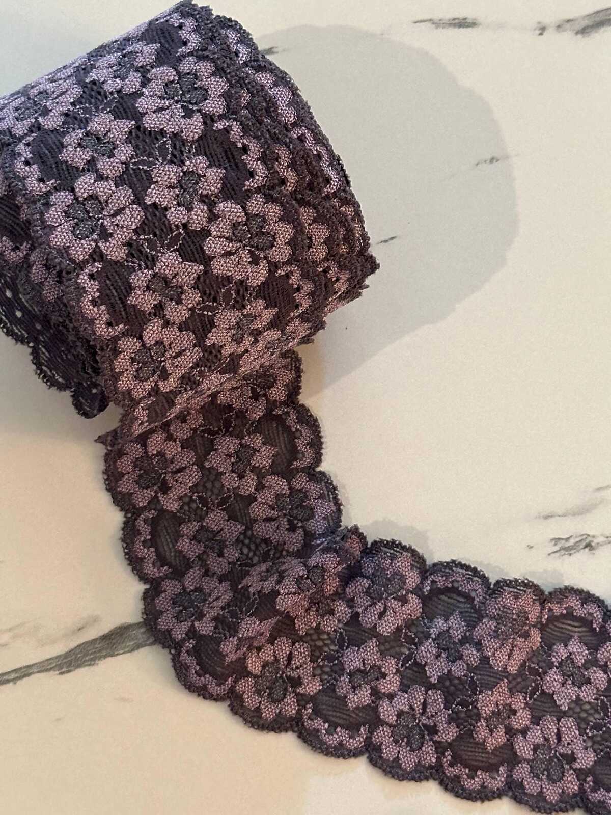 Two Tone Charcoal Black & Dusty Mauve Floral Stretch Elastic Lace Trim Symmetrical Double Scalloped Galloon Ribbon for Lingerie Crafts 2.25"
