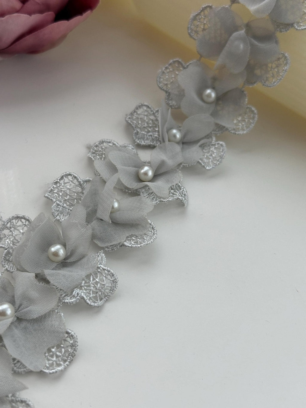 2Yds Non-Stretch 1.8" Grey 3D Chiffon Flower Beaded Pearl Lace Trim Wholesale