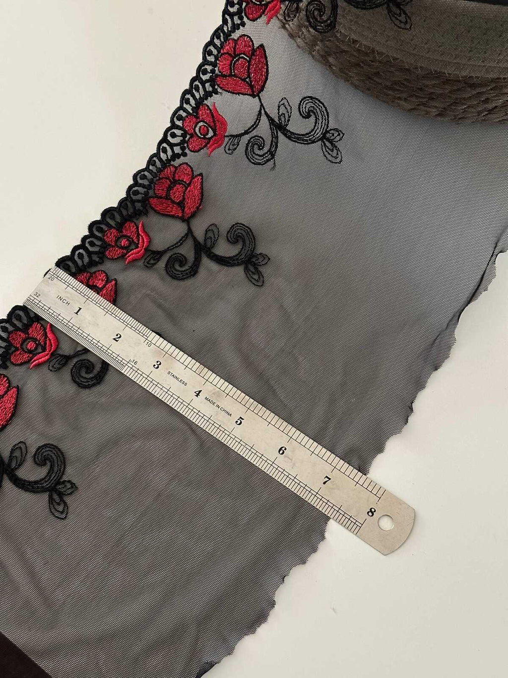 7.5"  Red Black Embroidered Soft Mesh Lace, Wide Ribbon, Bulk Clearance Coquette Y2K Lace, Lingerie, DIY Sewing, Retail Wholesale